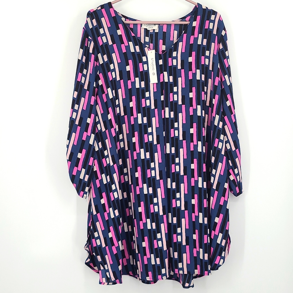 Studio B 2X Black Blue pink white rectangle print flowy blouse button sleeve